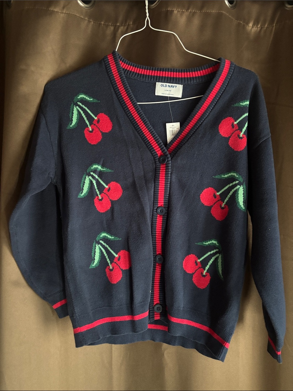 Old Navy Navy Cardigan with Red Cherry Motif